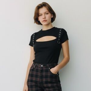 Killstar Black Top with Cut Out at Bust and Grommet Straps Punk Goth XL